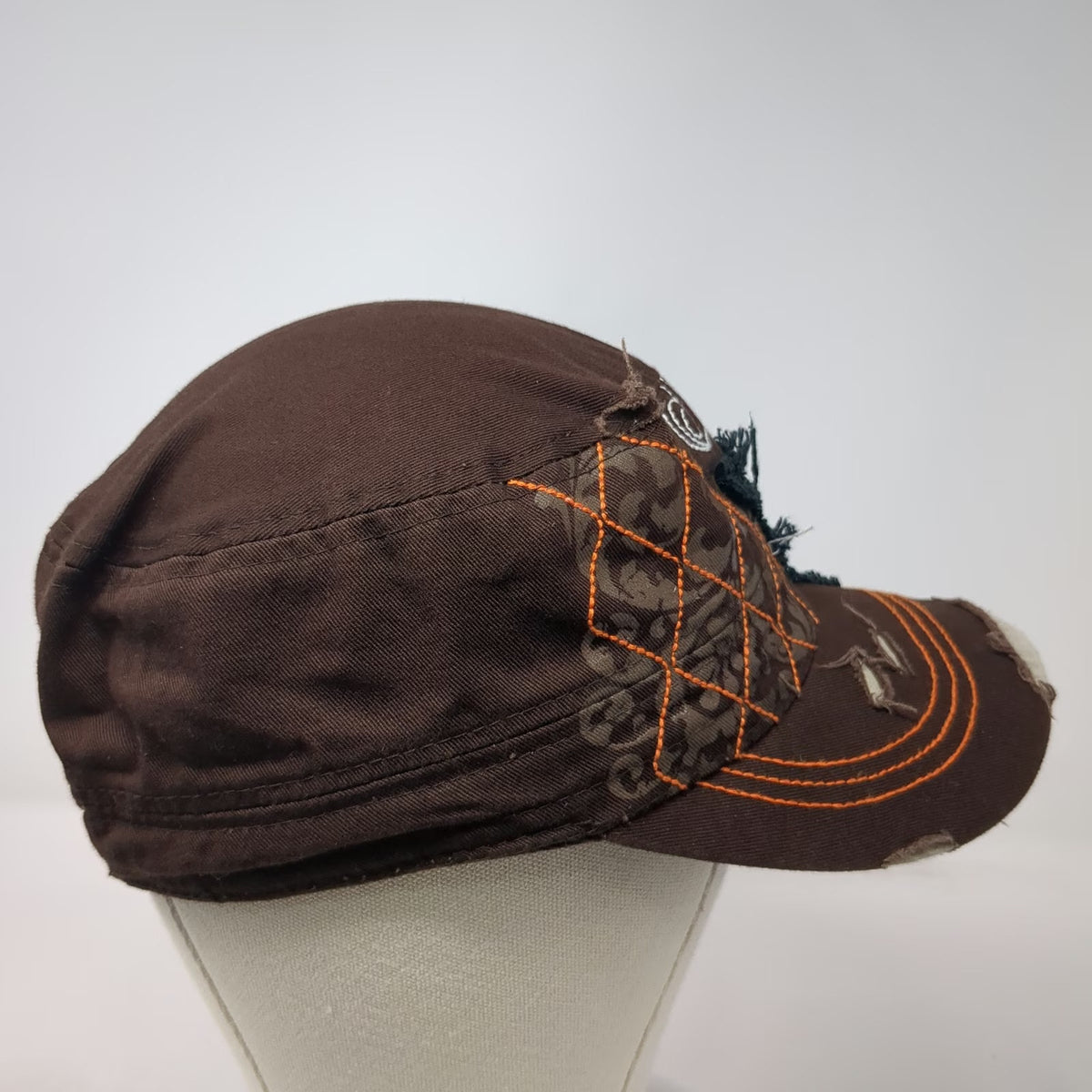 Leader Army Cap Brown One Size Butterfly Rhinestone Distressed Stitch Hat