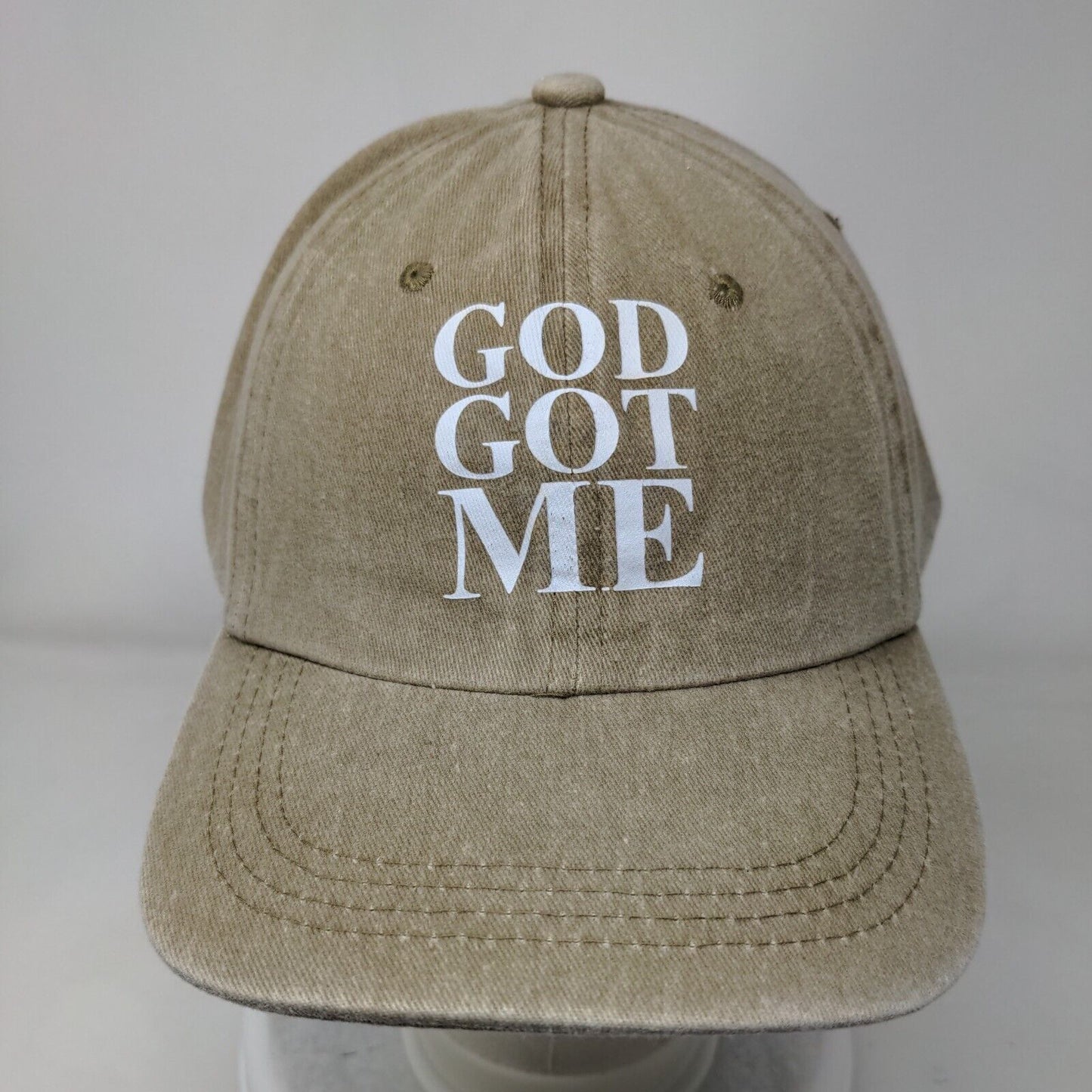 God Got Me Slideback Hat Tan One Size Adjustable Vented Holes 6 Panel Cotton