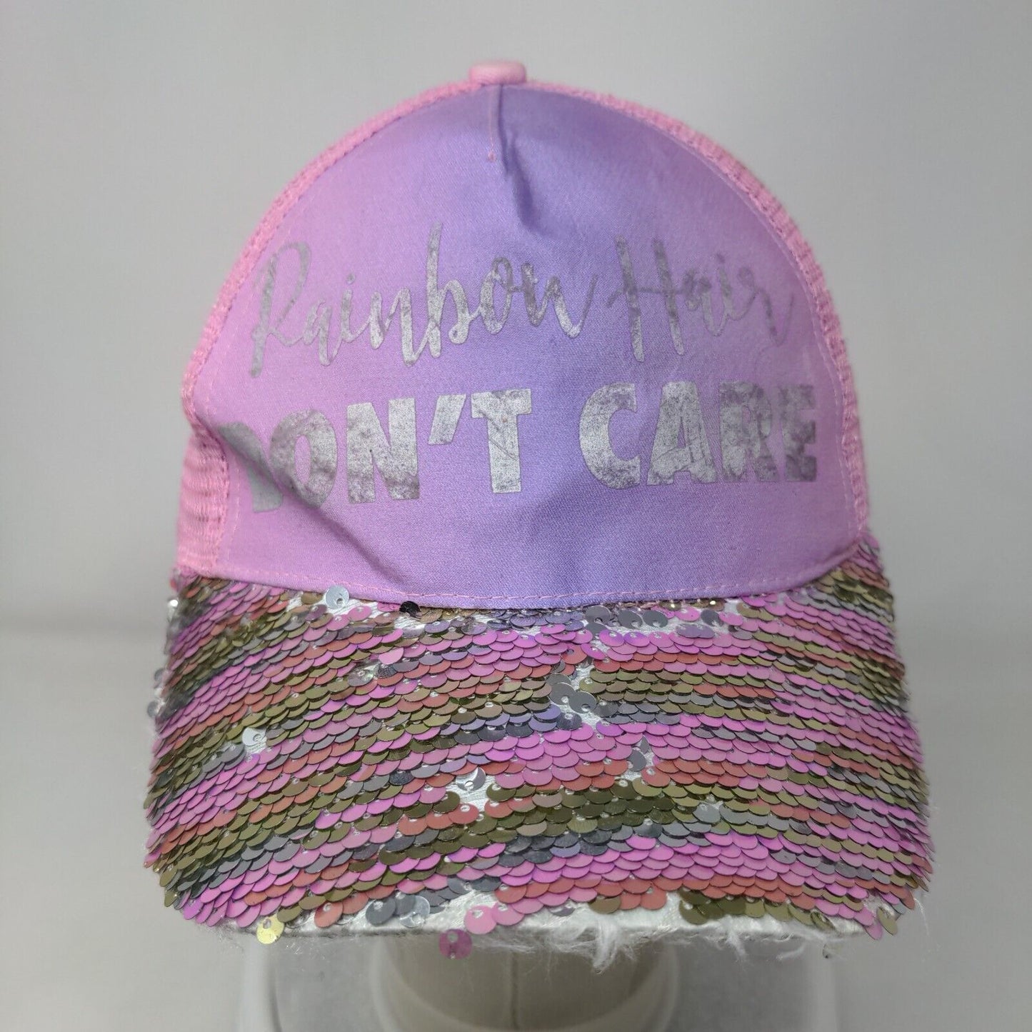 Rainbow Hair Don't Care Snapback Mesh Back Trucker Hat Multi One Size Sequin