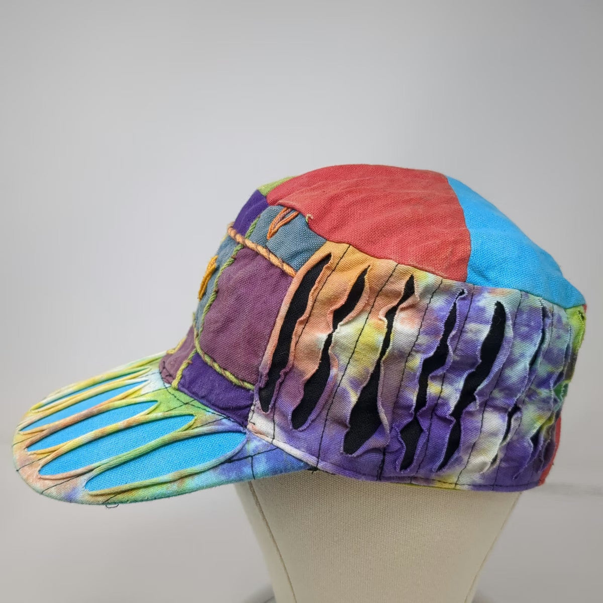 Rising International Army Cap Red Blue Green Patchwork Tie Dye Hat Bohemian