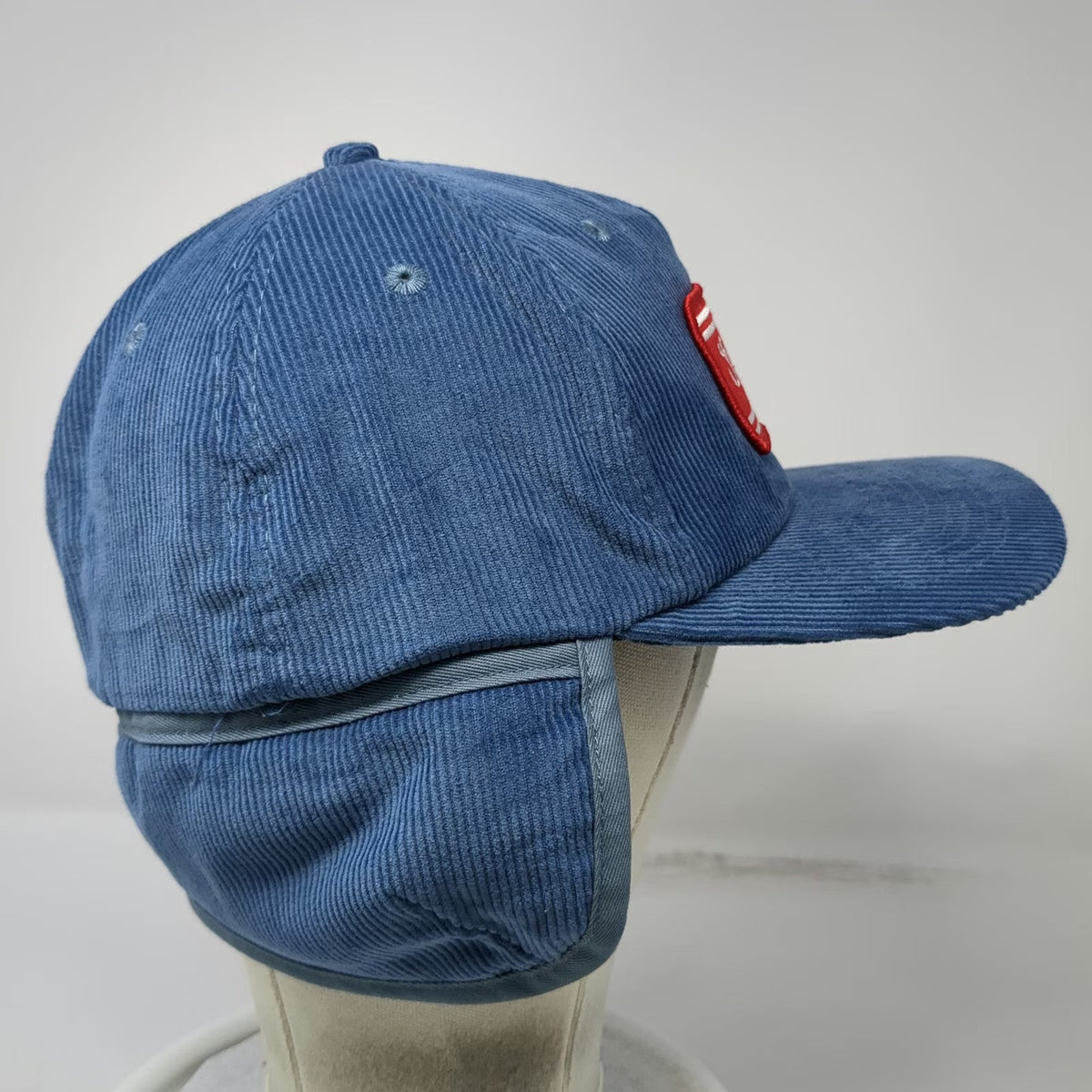 Seager 5 Panel Blue Hat One Size Corduroy Ear Flaps Sherpa Lined Script Patch