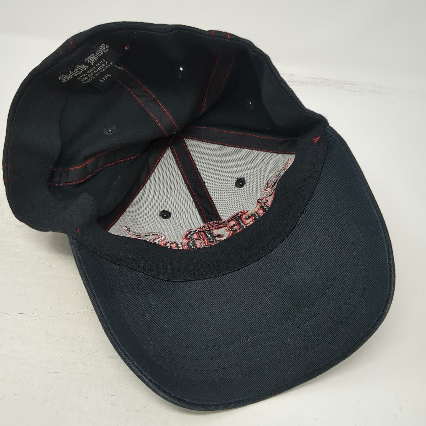 Sick Boy Baseball Cap Black Red XL Fitted Hat Contrast Stitching Gothic Logo