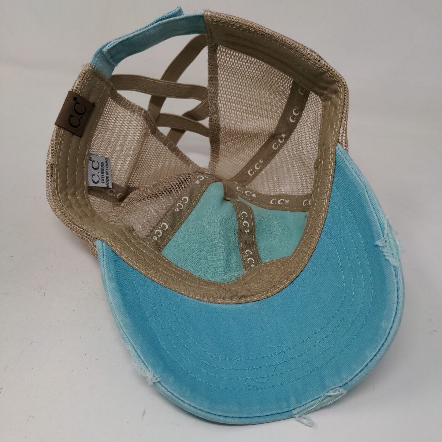 C.C. Exclusives Women's Strapback Mesh Back Hat Blue Ponytail Hole Cotton Blend