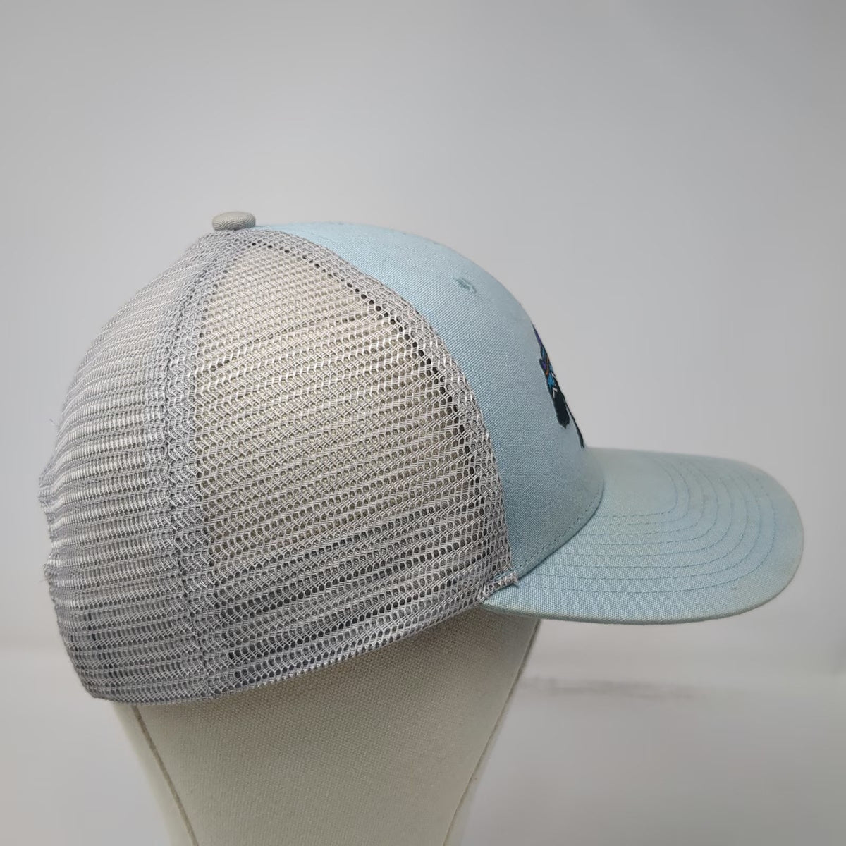 Patagonia Trucker Hat Blue One Size Bear Fitz Roy Logo Mesh Snapback Hiking Gray