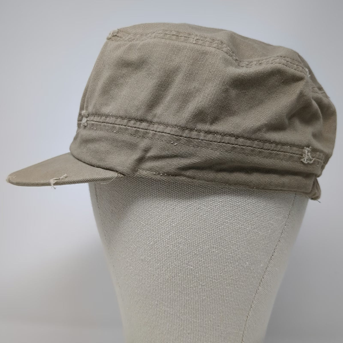 Army Cap Beige One Size Hat Distressed Frayed Cotton Military Cadet Style Flat