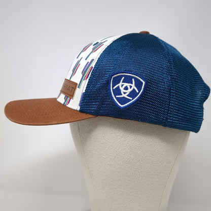 Ariat Trucker Hat Blue White Brown One Size Cactus Print Mesh Leather Patch