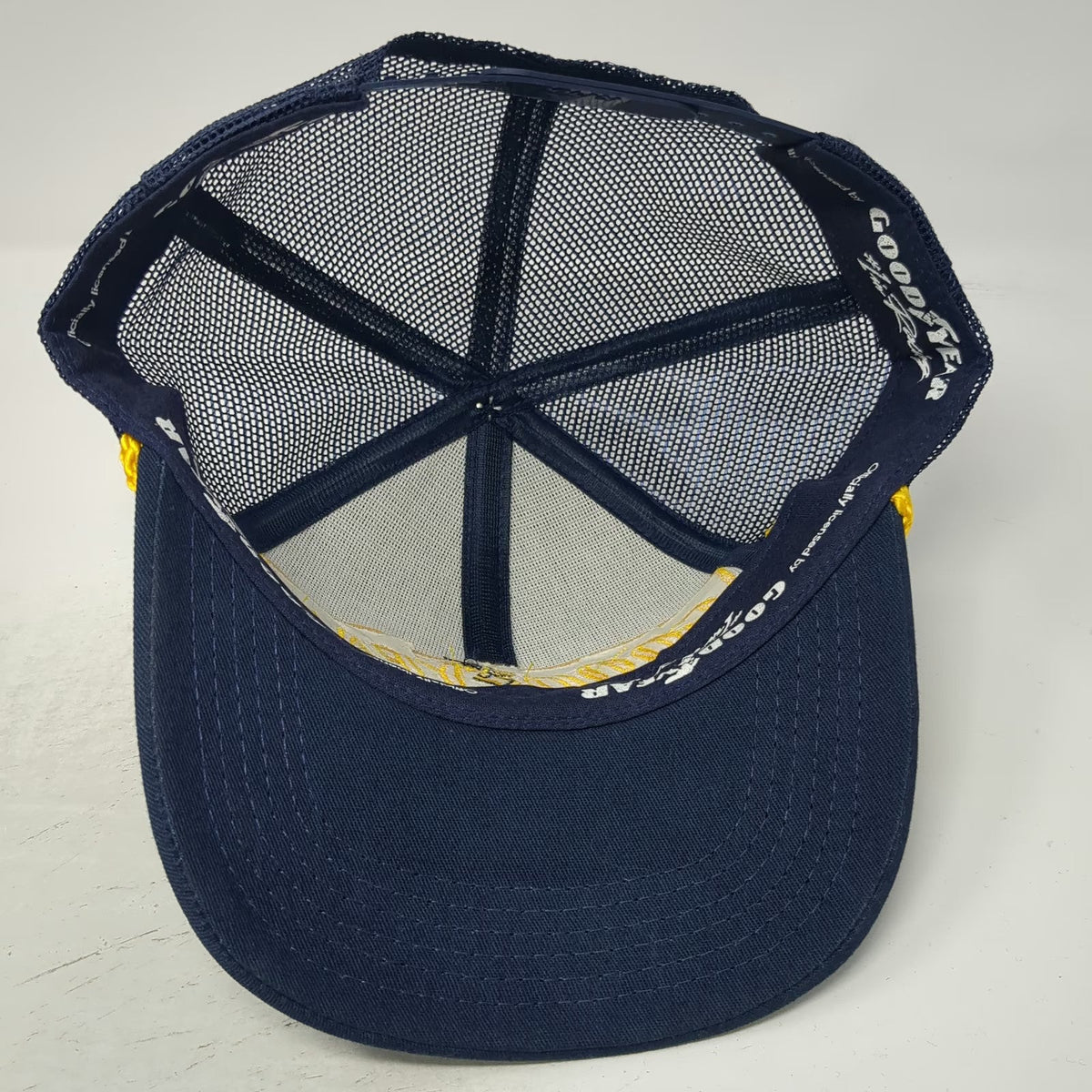K-Products Trucker Hat Blue Goodyear Patch Rope Mesh Back Snapback Vintage