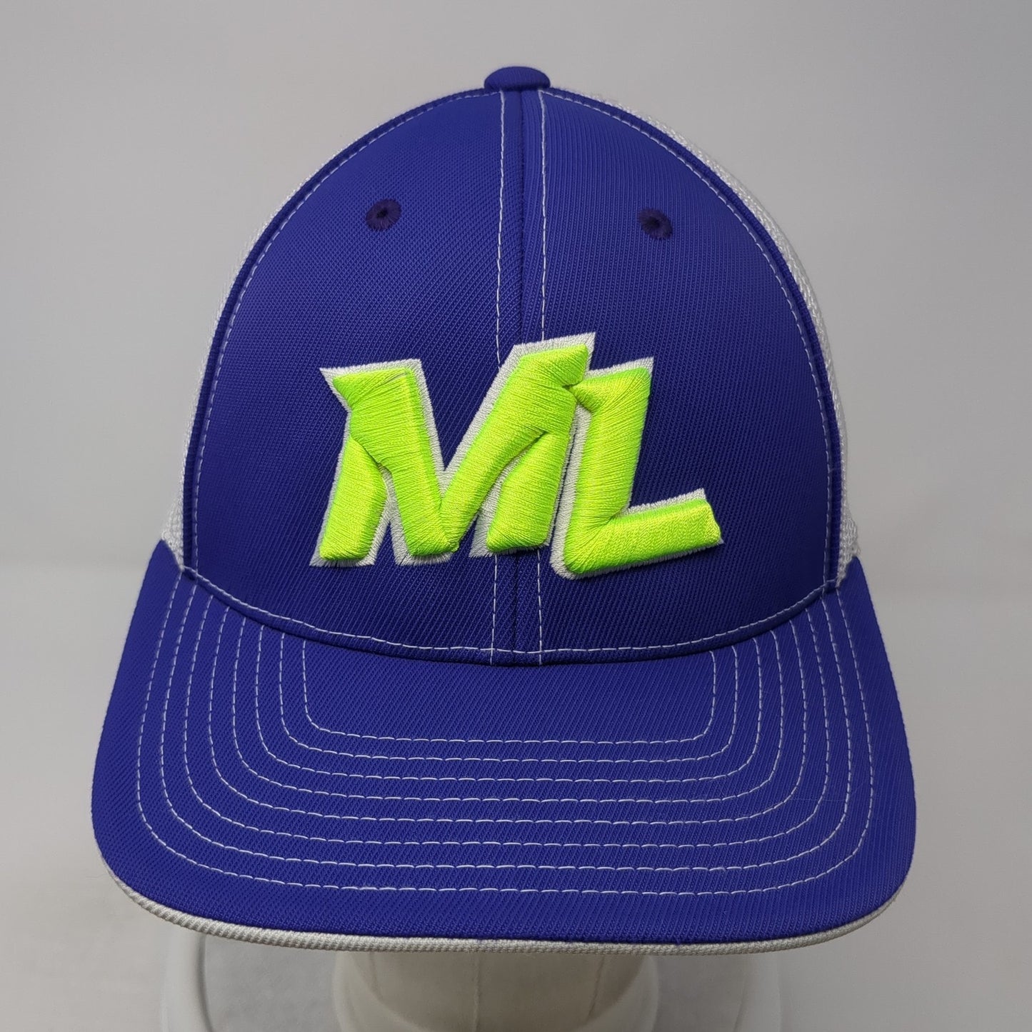 ML Fitted Trucker Hat Blue 7 3/8 Embroidered Mesh Back 404M Pacific Headwear