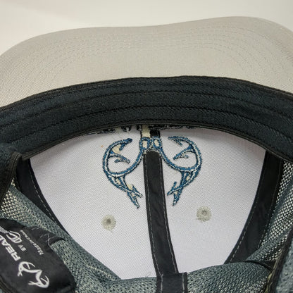 Realtree Baseball Cap Gray Blue M Fishing Hook Logo Mesh Back Stretch Fitted Hat