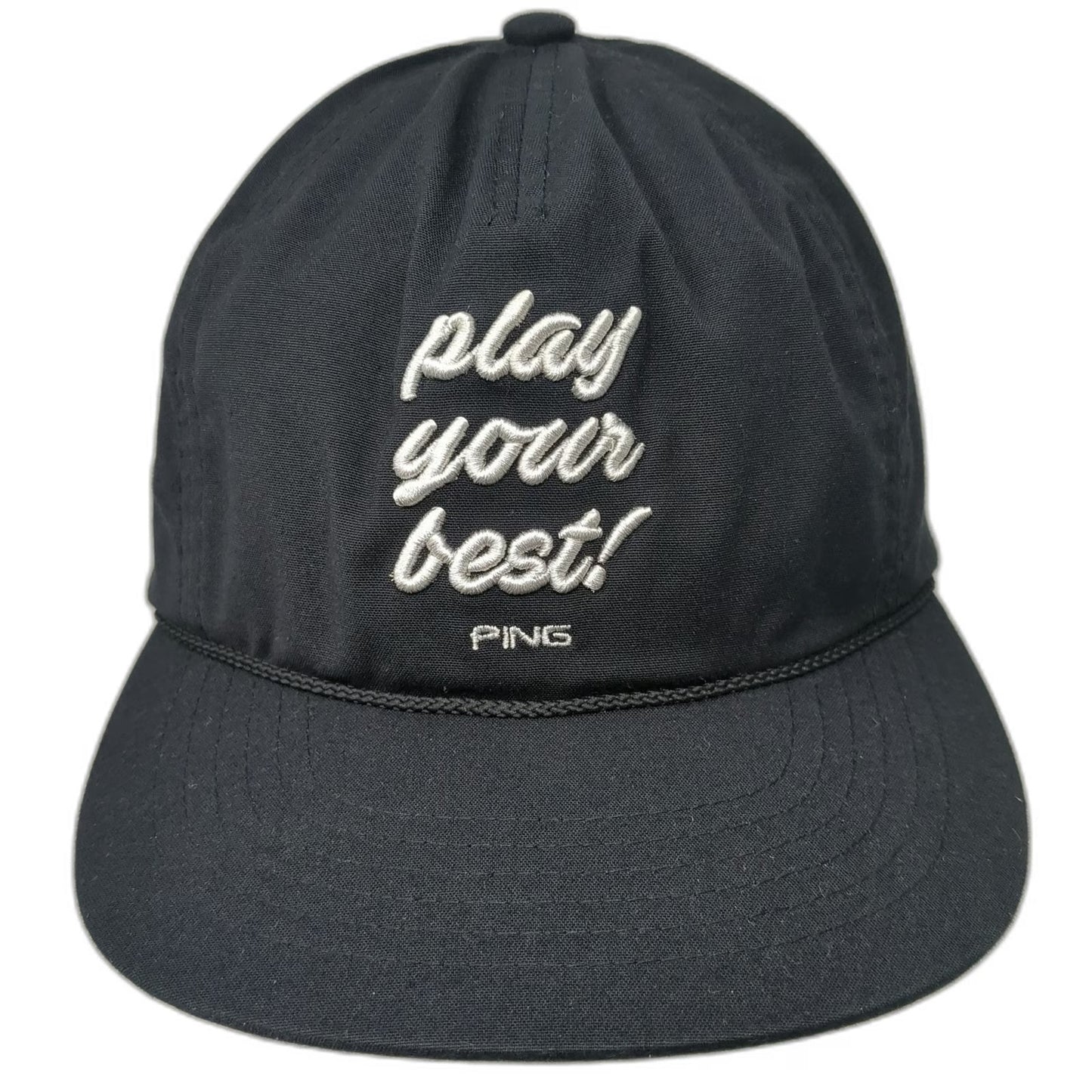 PING 5 Panel Black One Size Leather Strap Rope Script Logo Golf Hat sensorcool