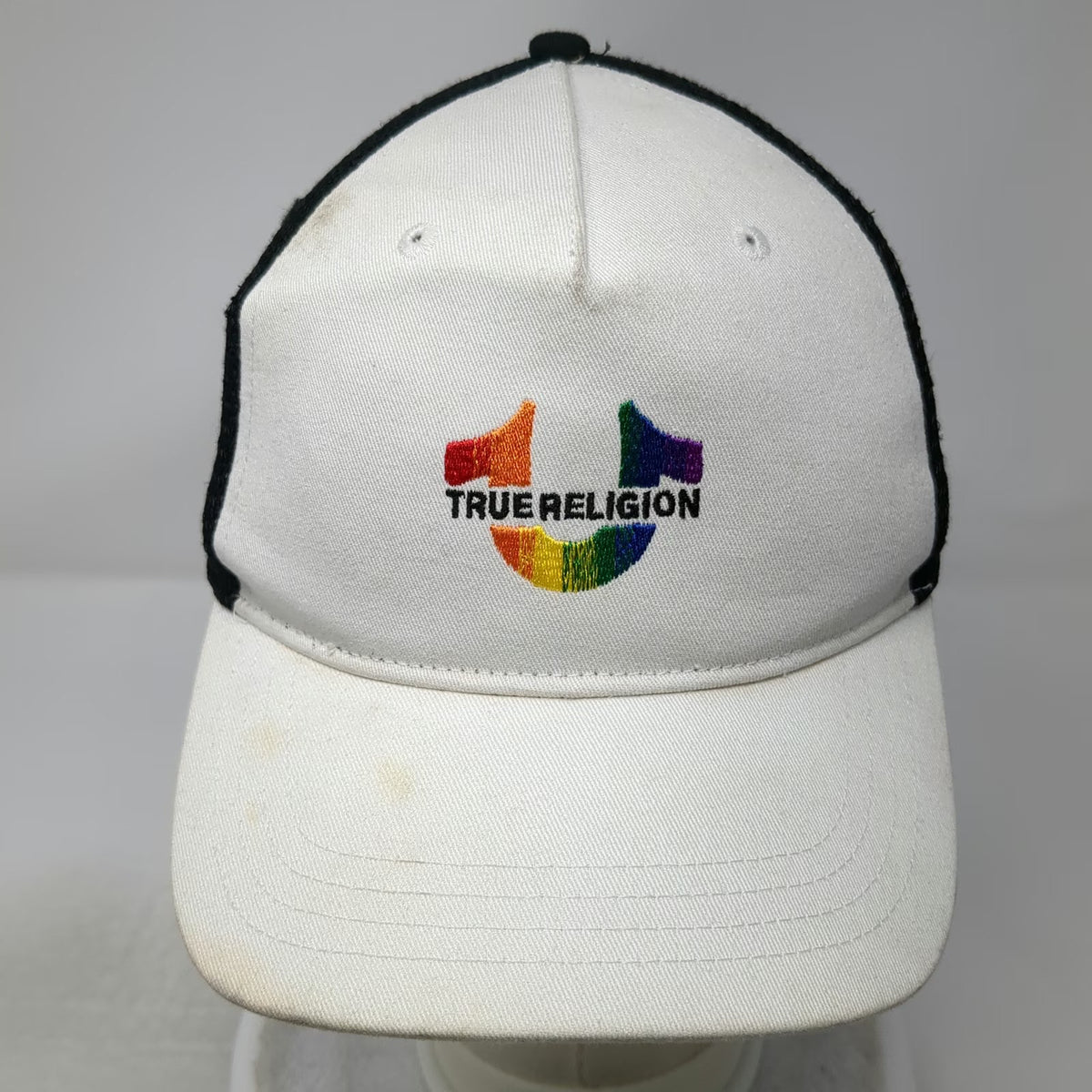 True Religion Trucker Hat White One Size Rainbow Logo Mesh Back Snapback Hat