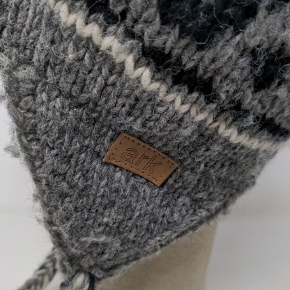 ARK Men's Knit Beanie Trapper Hat Gray Fair Isle 100% Wool Fleece Lined Nepal