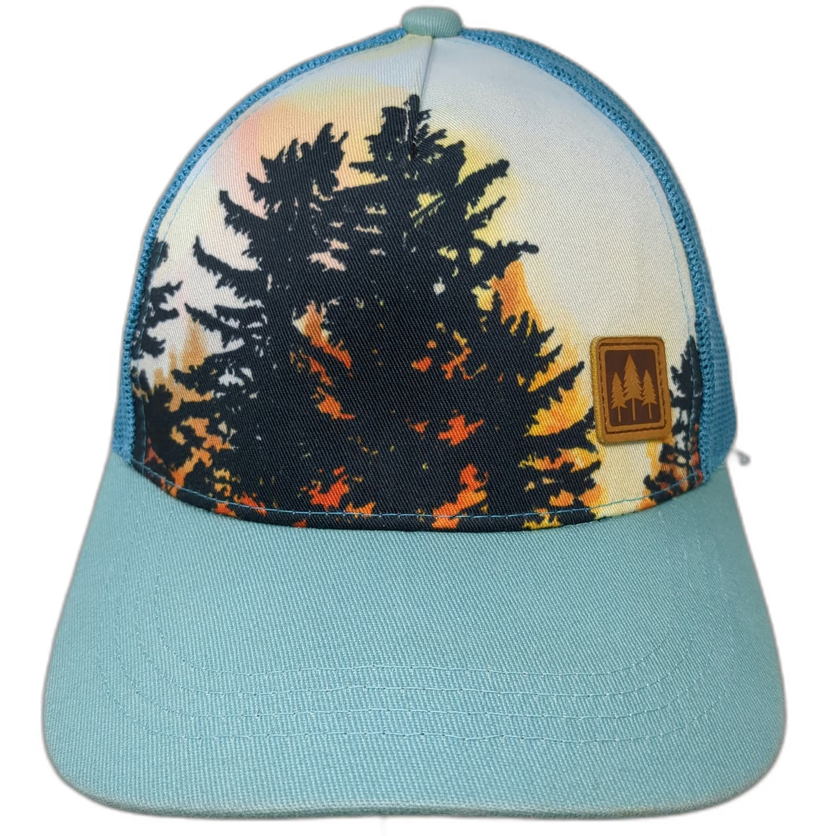 The Montana Scene Trucker Hat Blue One Size Sunset Tree Graphic Mesh Snapback