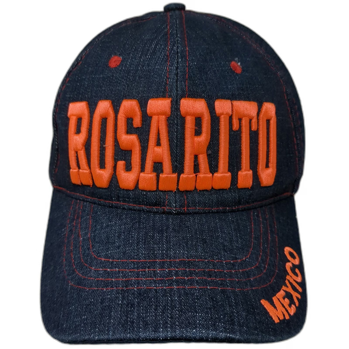 Blue Rosarito Mexico Denim Baseball Cap One Size Strapback Hat Orange Stitching