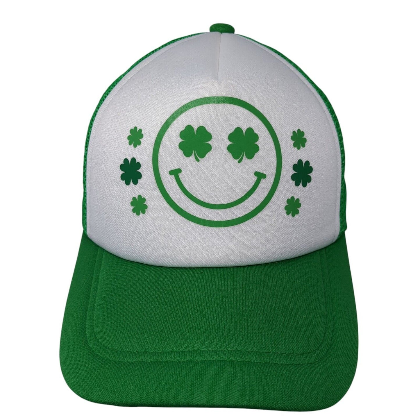 Shamrock Smiley Face Snapback Trucker Hat Green One Size Mesh Back