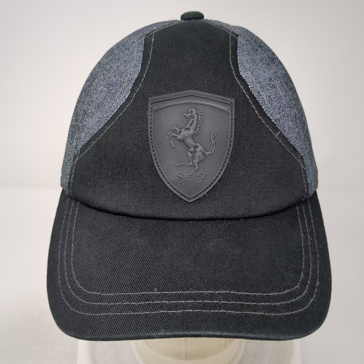Puma Ferrari Black Gray Baseball Cap Hat OS Adjustable Shield Logo Red Brim