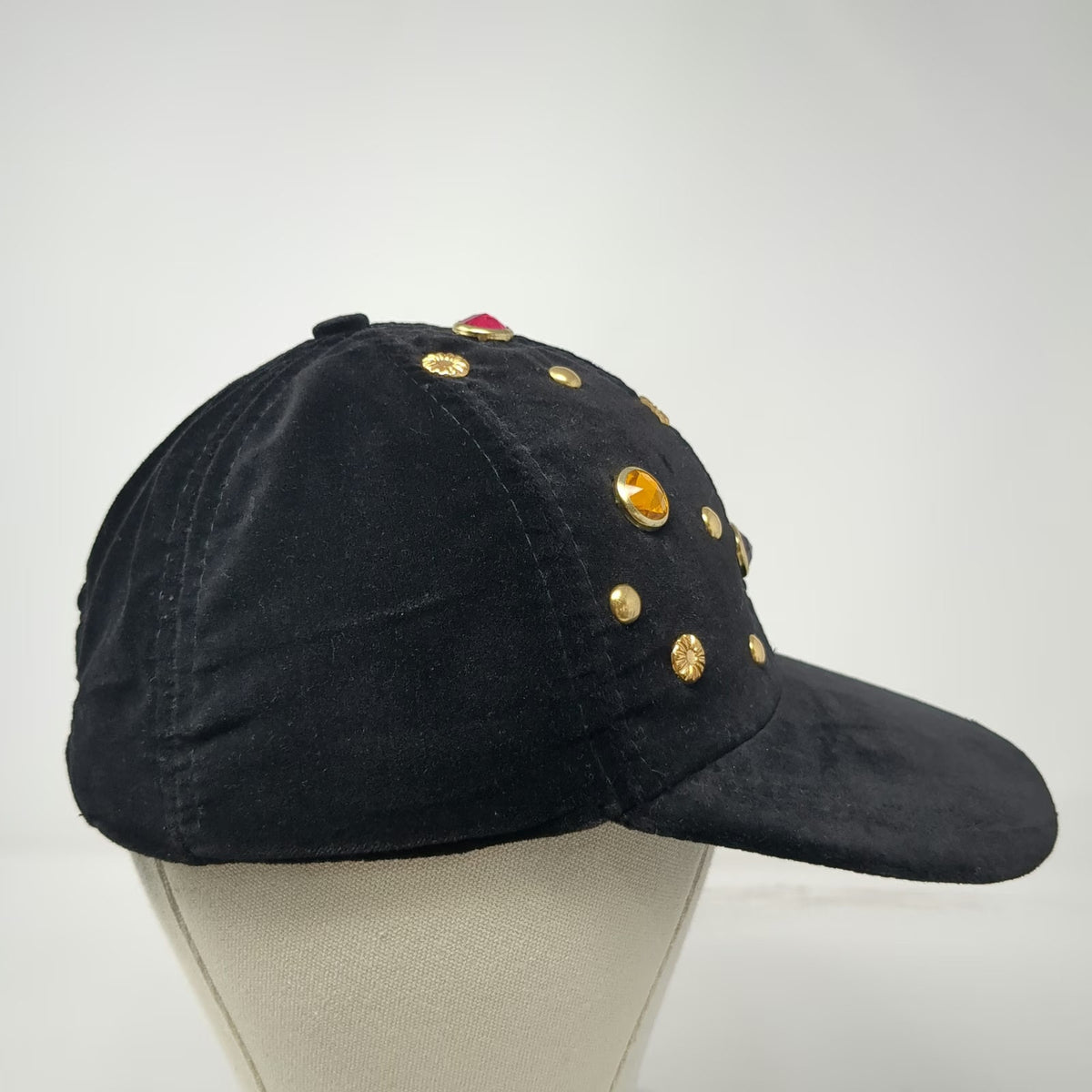 Yehasso Baseball Cap Black One Size Velvet Gold Studded Rhinestone Gem Hat