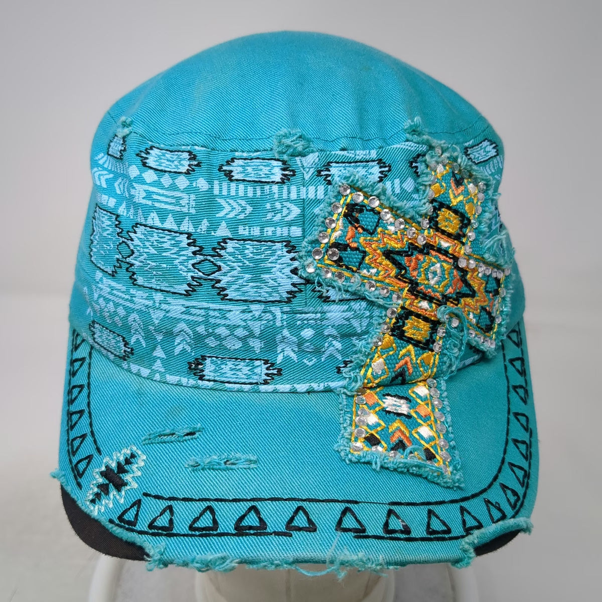 Kbethos Army Cap Blue OS Cross Patch Rhinestones Tribal Embroidery Strapback hat