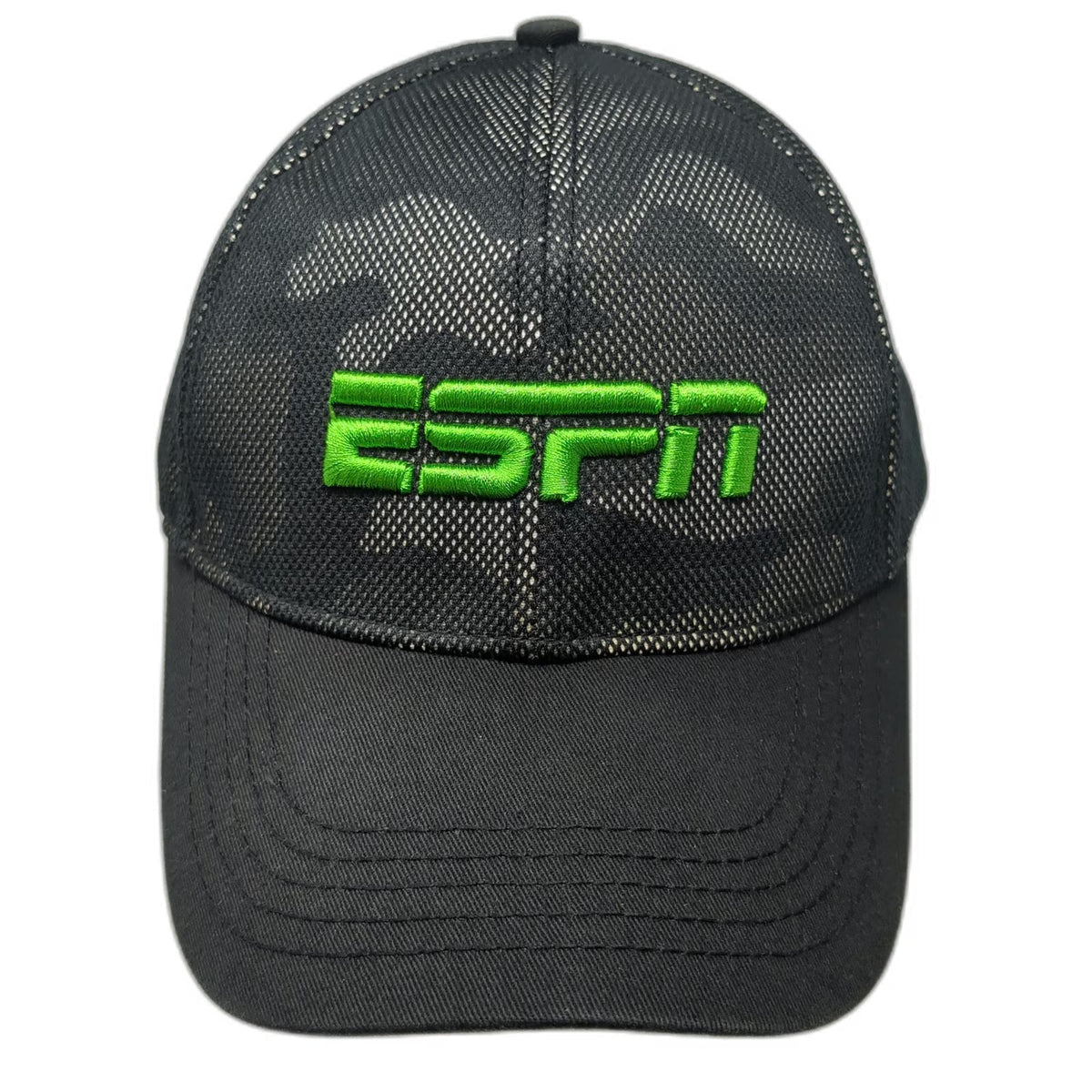 ESPN Camo Mesh Trucker Hat Black Green Gray One Size Snapback 79 Logo Sports TV