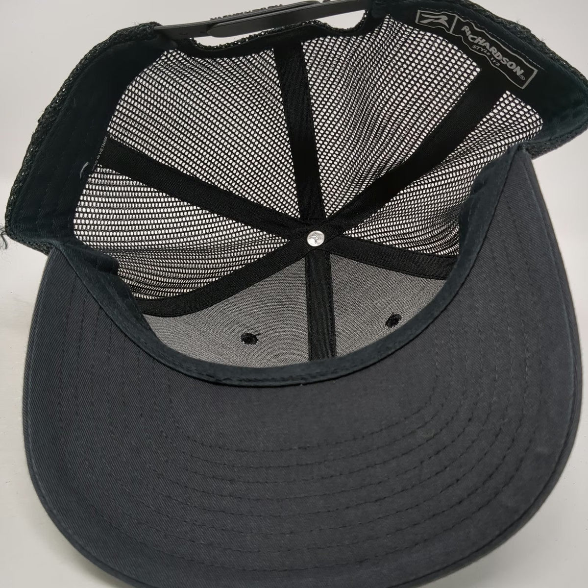 Richardson Trucker Hat Black One Size Mesh Snapback Leather Patch Mountains