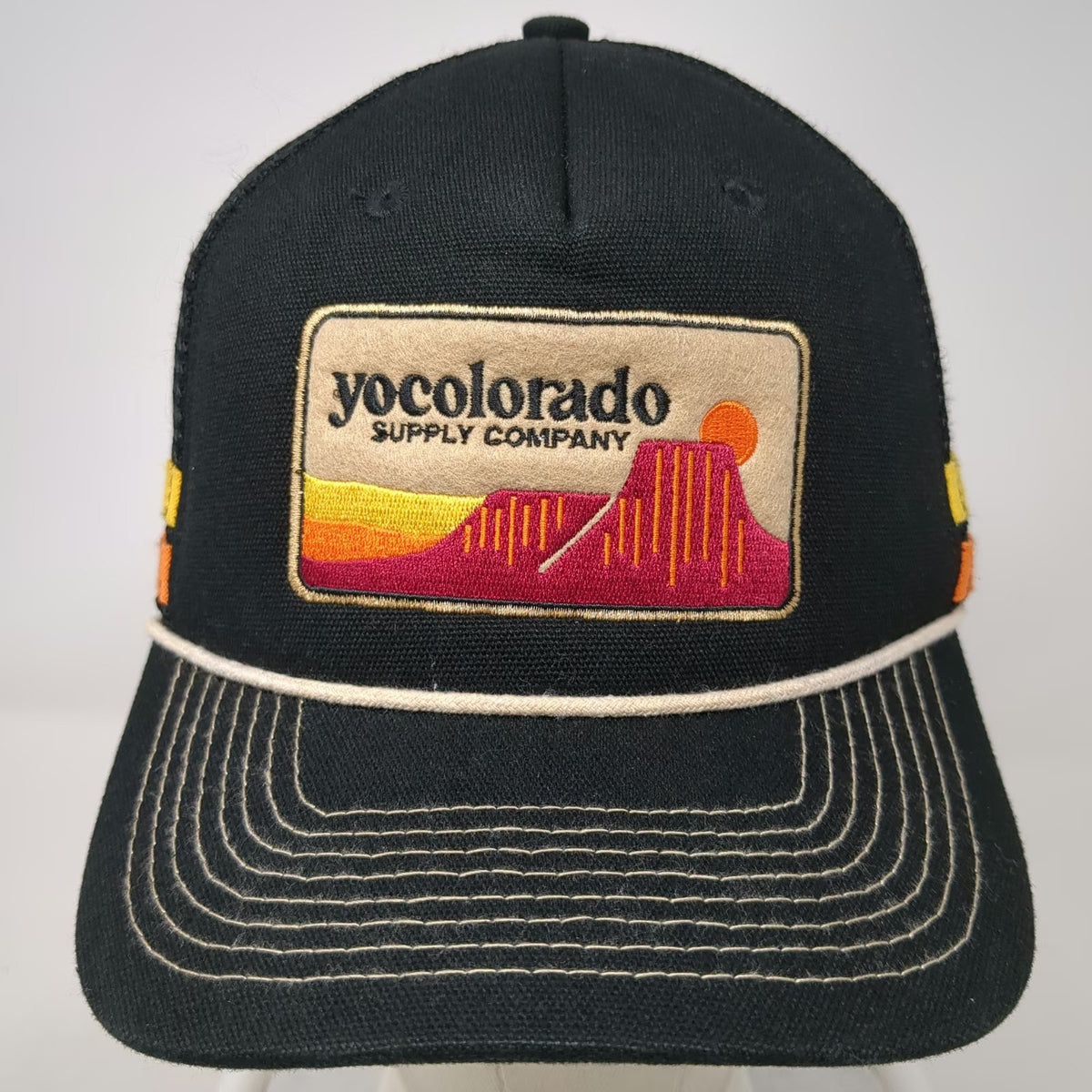 yocolorado Trucker Hat Black One Size Snapback Mesh Patch Rope Side Stripes Logo