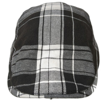 Black White Plaid Newsboy Cap Hat One Size Adjustable Side Buckle Tartan Cloth