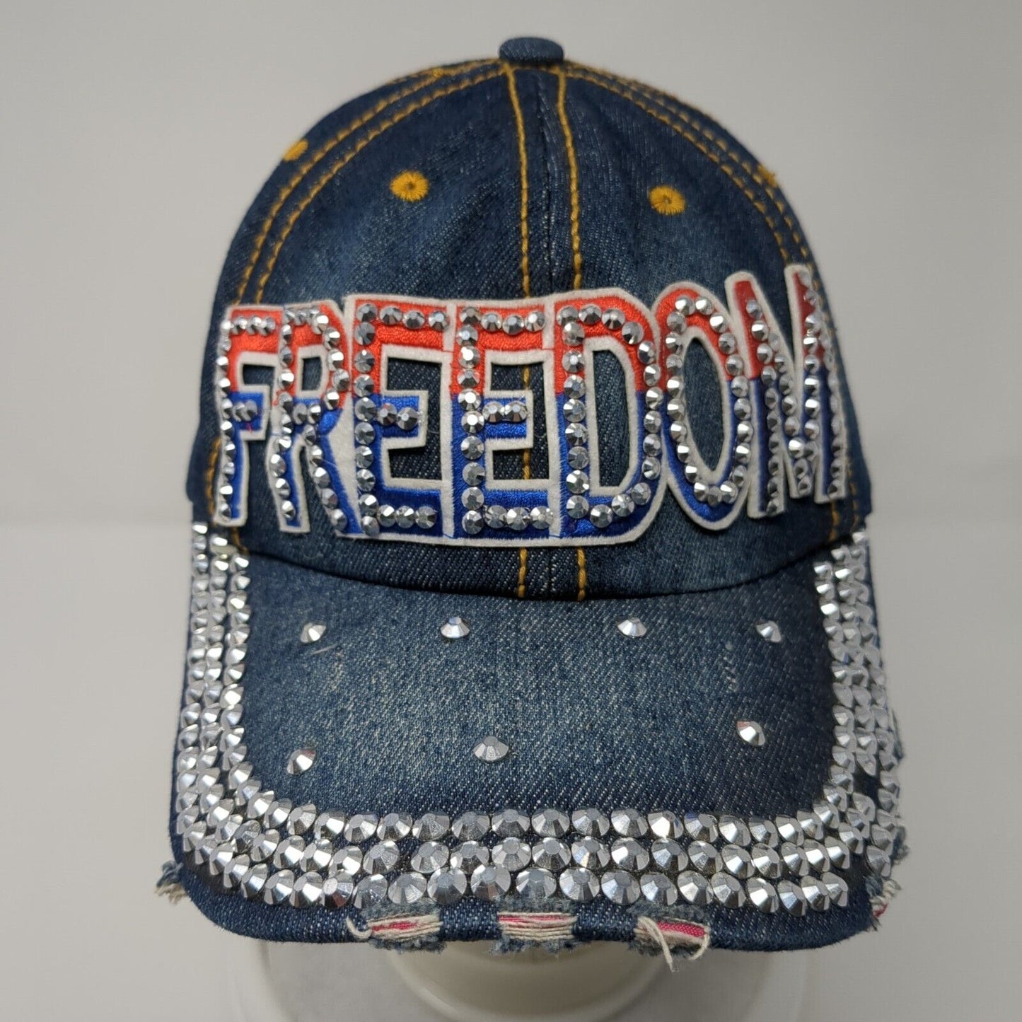 Freedom Rhinestone Bling Slideback Hat Blue One Size Denim Studded