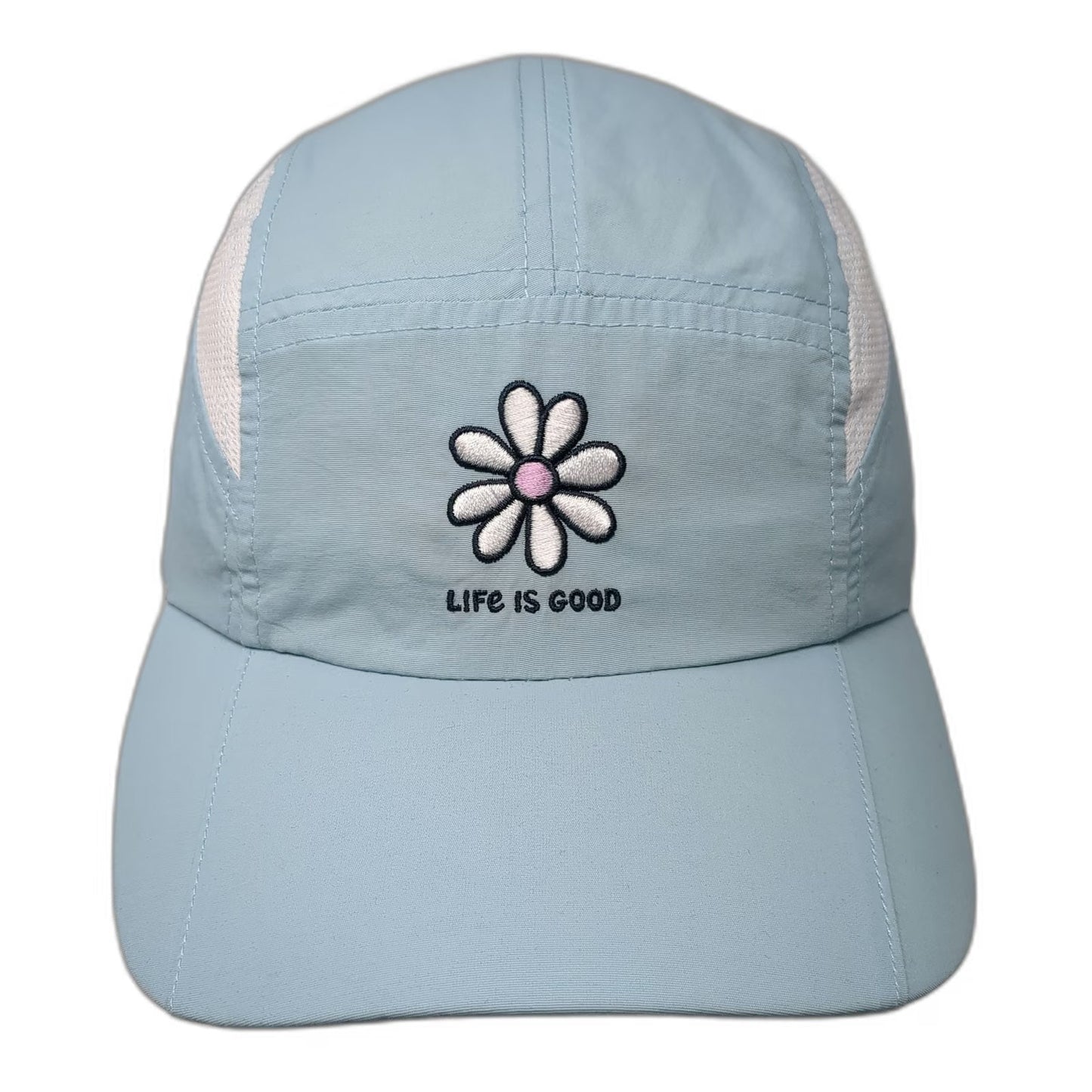 Life is Good 5 Panel Blue Hat One Size Mesh Back Reflective Strap Nylon Daisy