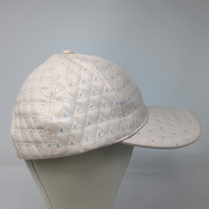 Claire's Snapback Hat Beige One Size Quilted Heart Iridescent Rhinestones Cap