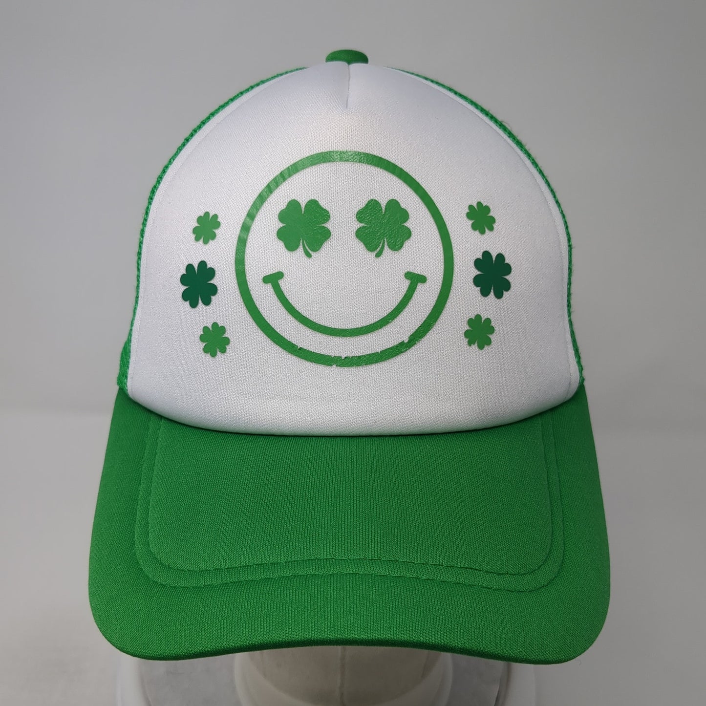 Smiley Face Shamrock Snapback Trucker Hat Green One Size Mesh Back