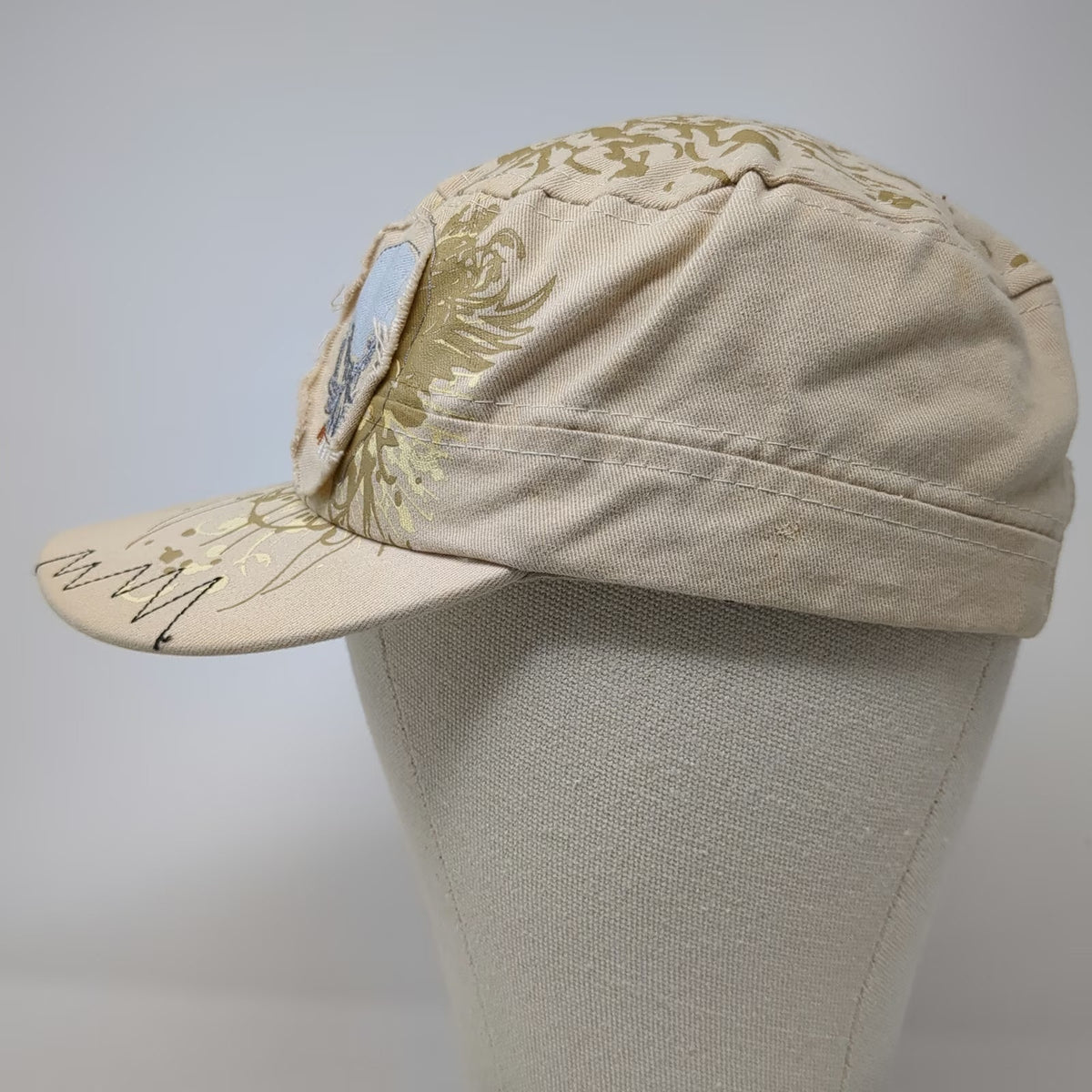 Army Cap Beige One Size Skull Patch Star Studs Grommet Hat Zig-Zag Stitch Cotton