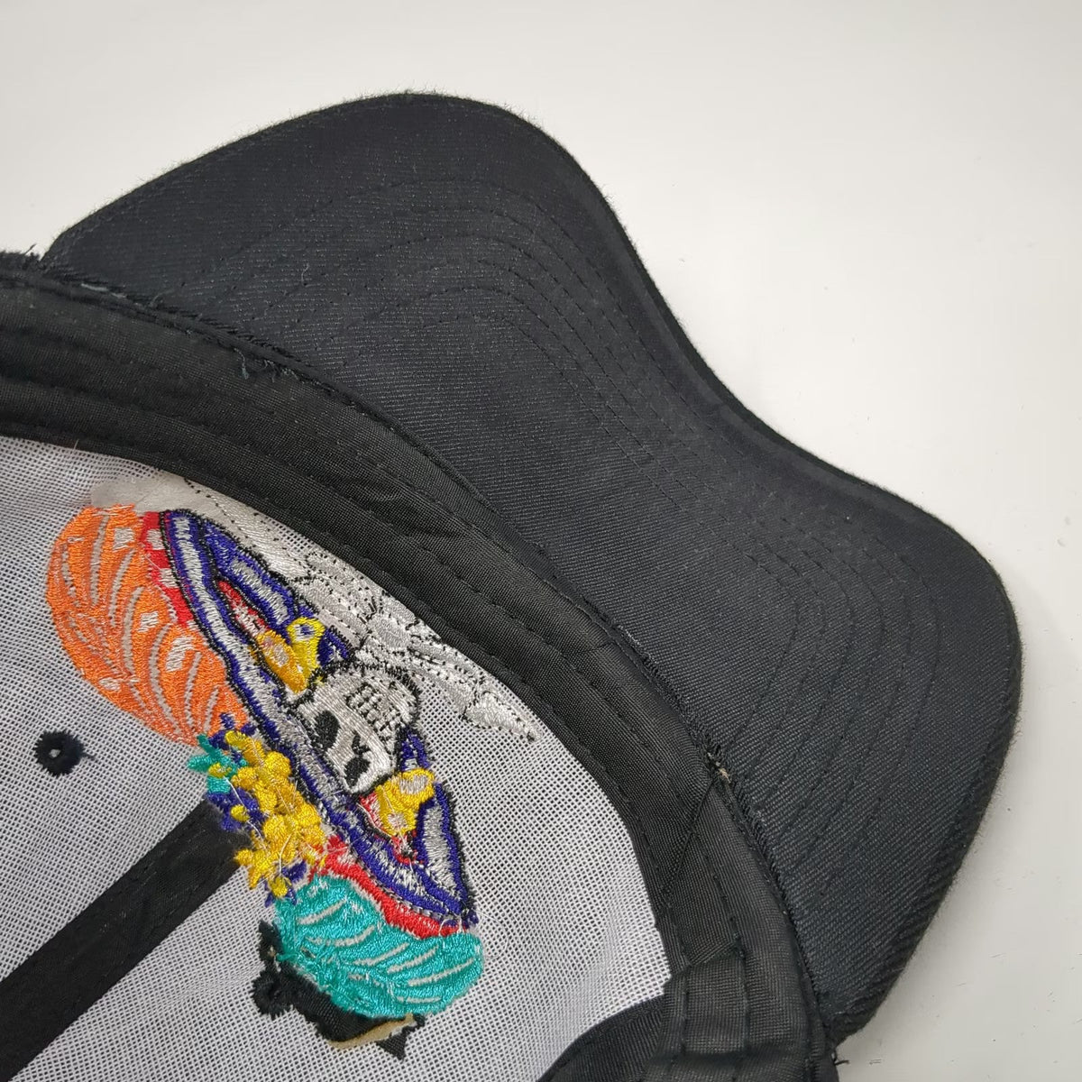 Baseball Cap Black One Size Hat Embroidered Skull Catrina Floral Feather Strap