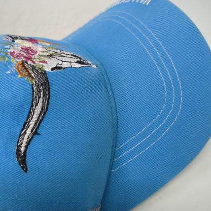 Vie Trucker Hat Blue Gray White One Size Mesh Floral Longhorn Skull Embroidery
