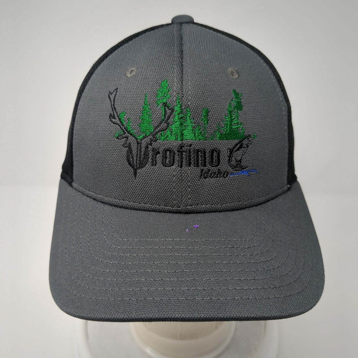 Orofino Idaho Fitted Trucker Hat Gray S/M Fitmax70 Embroidered Mesh Back