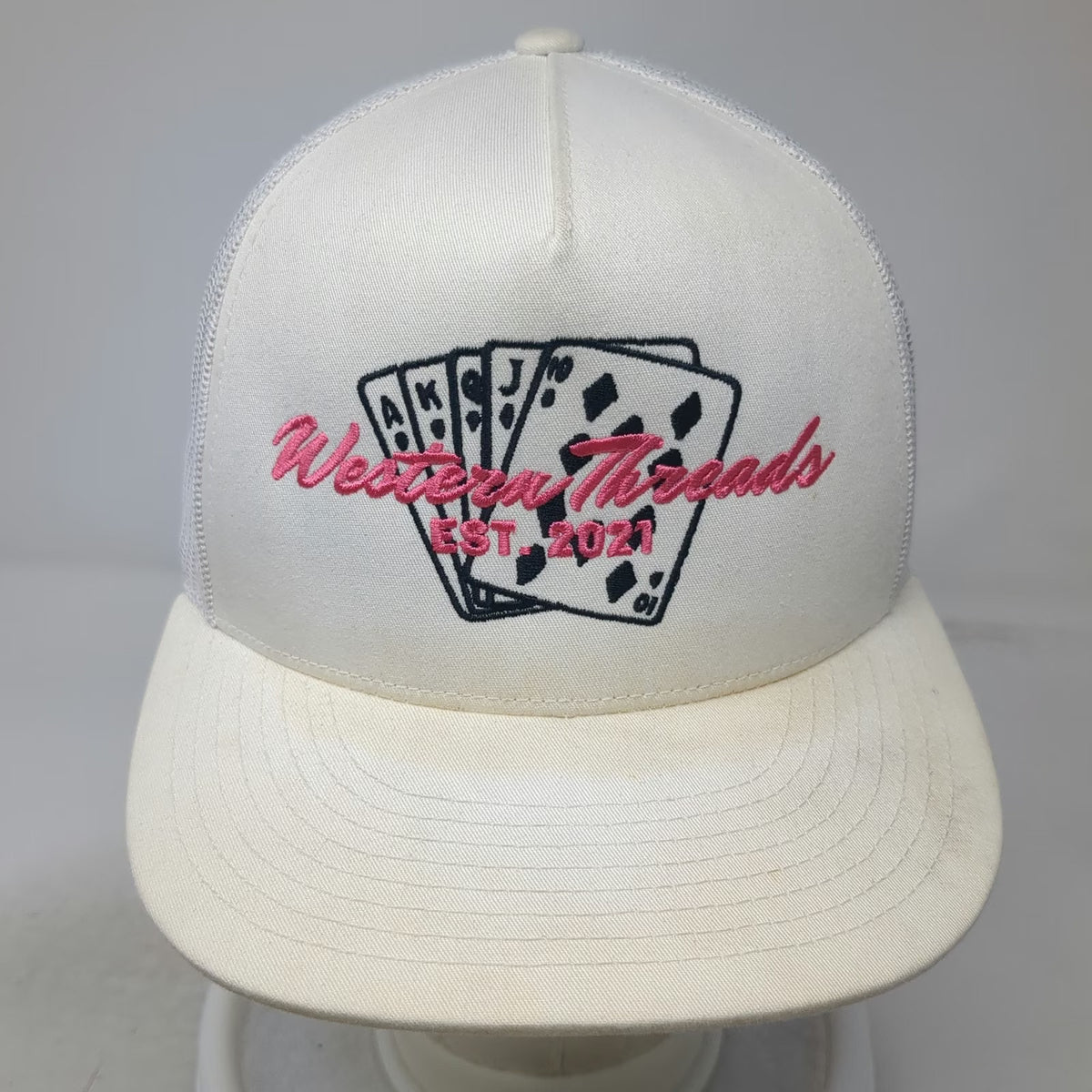 Western Threads White Trucker Hat One Size Playing Cards Mesh Snapback Flat Brim
