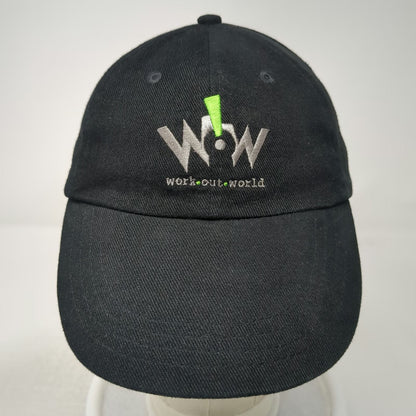 Work Out World WOW Gym Baseball Cap Black One Size Cotton Logo Hat Slideback