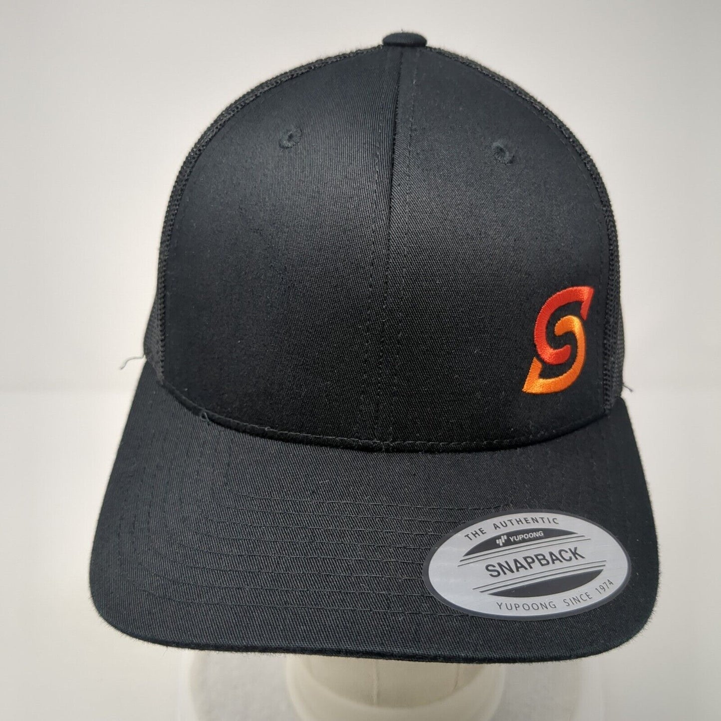 Yupoong Snapback Trucker Hat Black One Size Embroidered Logo Mesh Back