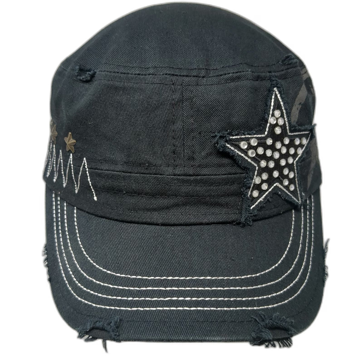 Pit Bull Army Cap Black One Size Cotton Elastic Rhinestone Star Metal Studs Hat