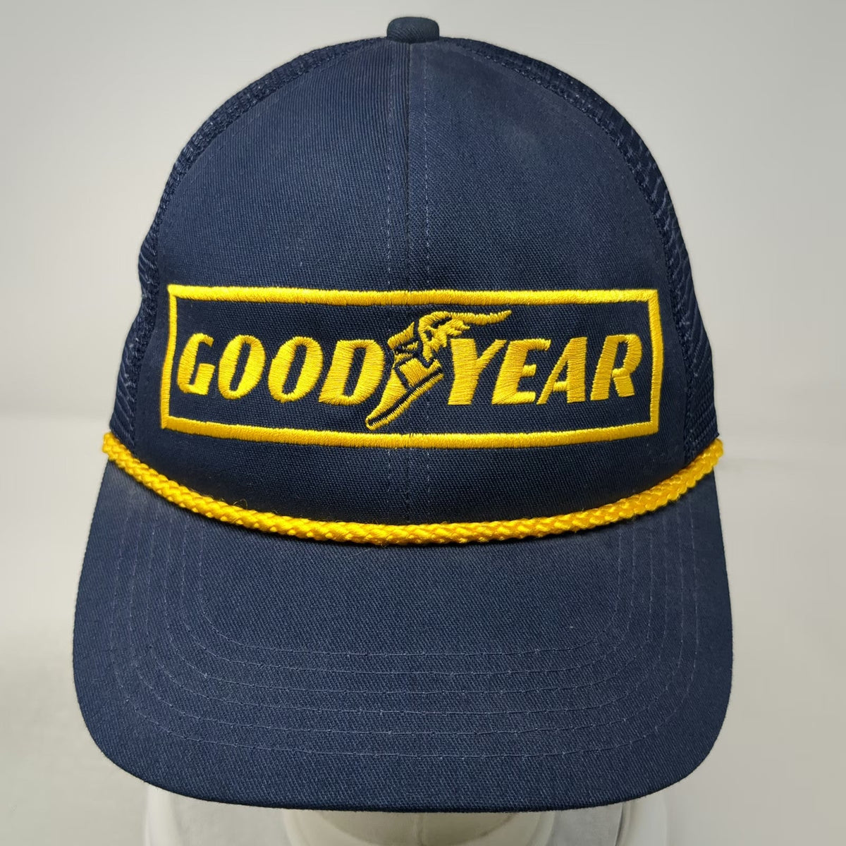 K-Products Trucker Hat Blue Goodyear Patch Rope Mesh Back Snapback Vintage