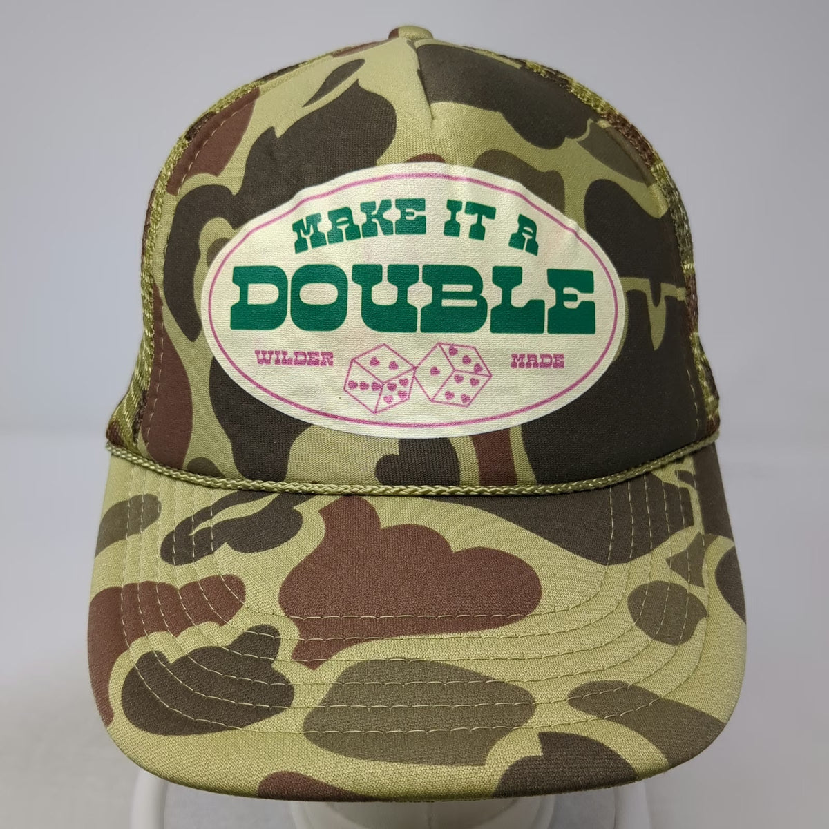 Nissun Trucker Hat Green One Size Camo Mesh Snapback Make it a Double Dice