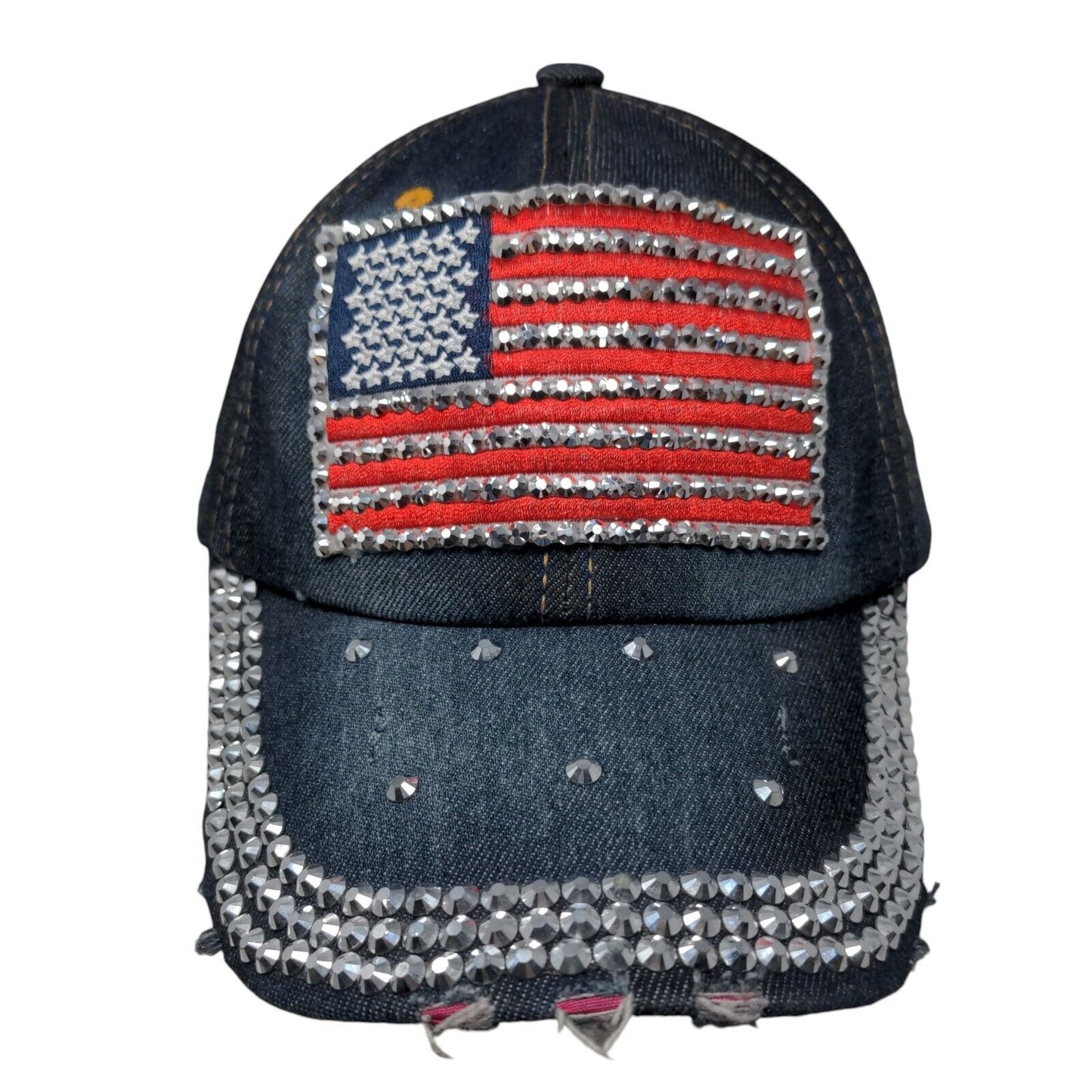 American Flag Bling Slideback Hat Blue One Size Patriotic Distressed Denim