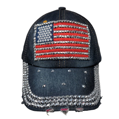 American Flag Bling Slideback Hat Blue One Size Patriotic Distressed Denim