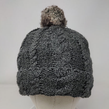 Arctic Paw Beanie Hat Gray OS Stretch Hand Knitted Pom Pom Fleece Lined Blank