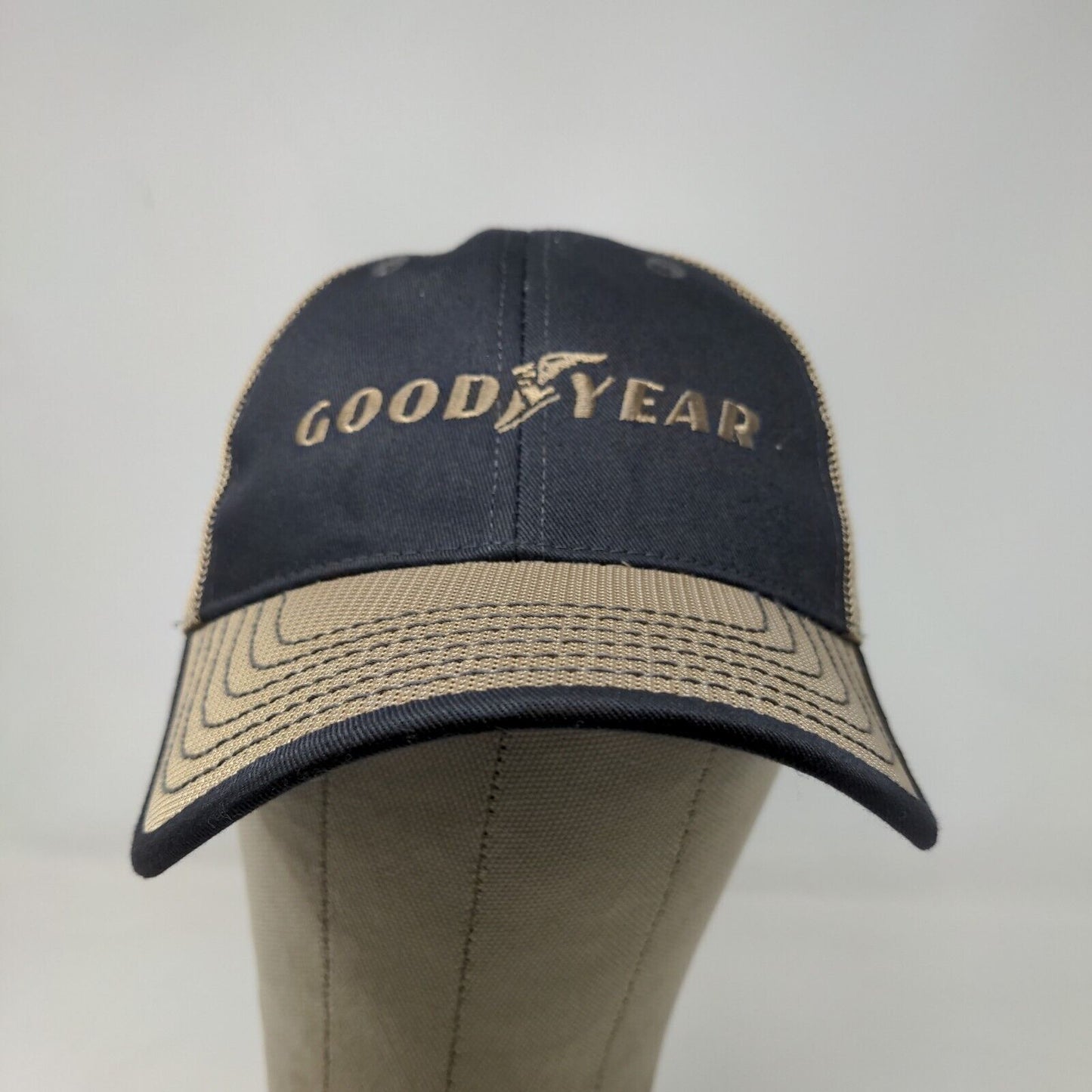 Goodyear Men's Strapback Mesh Back Hat Tan Blue Adjustable Embroidered Logo