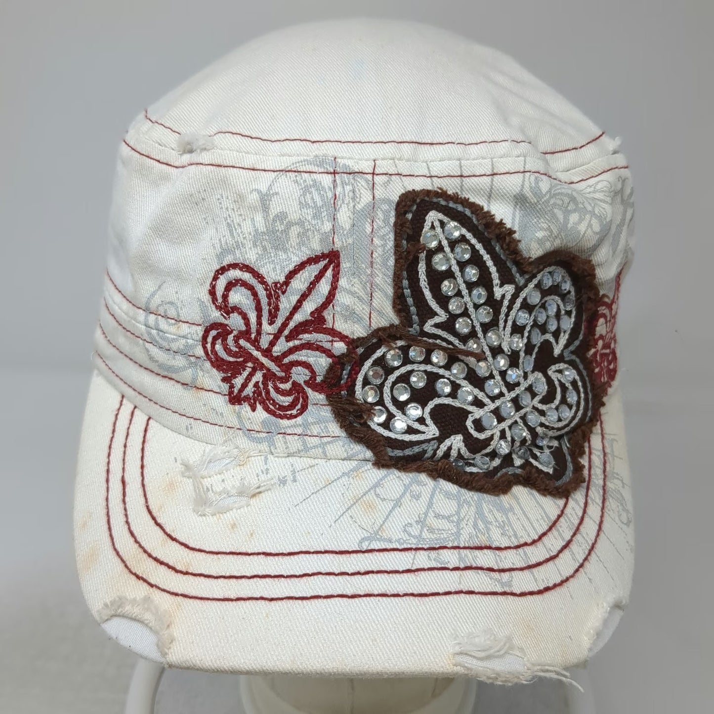 Leader Army Cap White One Size Sequined Fleur-de-Lis Distressed Cotton Hat