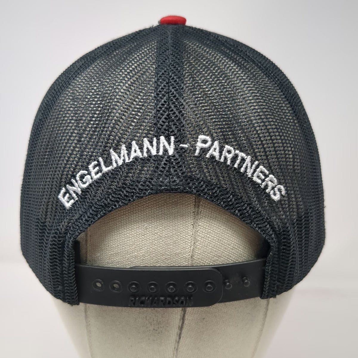 Richardson Trucker Hat Red One Size Mesh Snapback Engelmann-Partners Logo Black