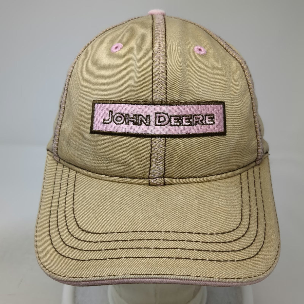 John Deere Baseball Cap Beige Pink Brown One Size Logo Patch Stitch Hat Cotton