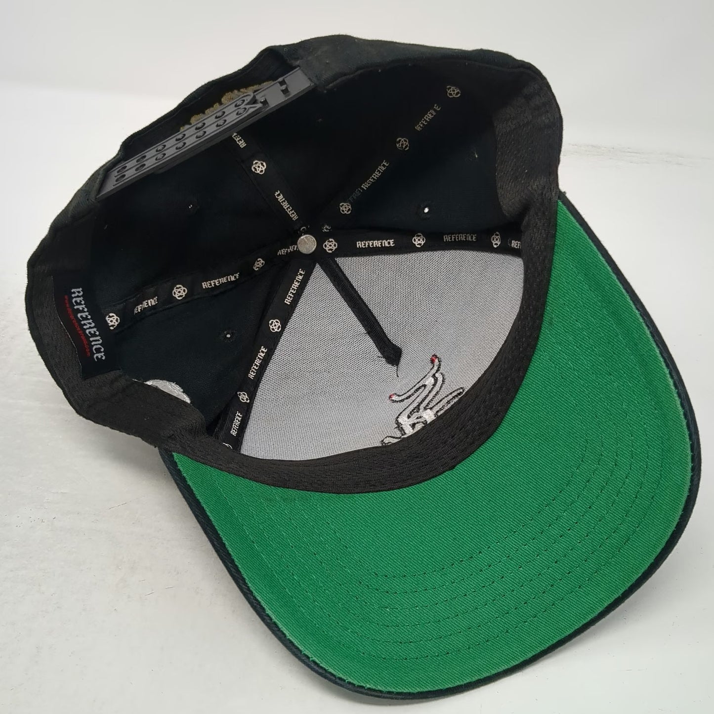 Reference 5 Panel Black One Size Hat Green Underbrim Snapback Parody Logo