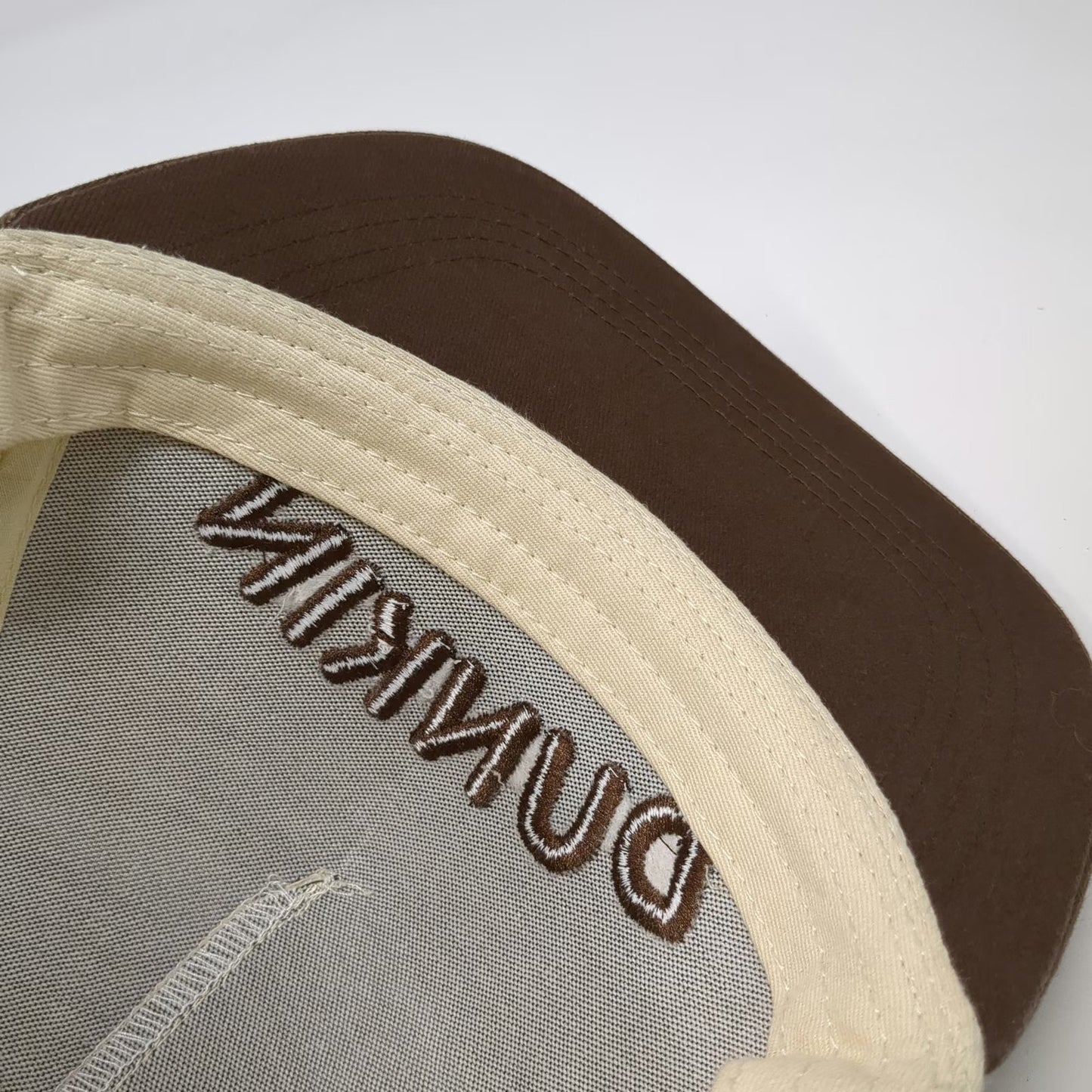 Dunkin' 5 Panel Hat Beige One Size Snapback Upside Down Logo Brown Brim Est 1950
