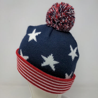 Old Navy Men's Knit Beanie Hat Red White Blue Size OS Patriotic Pom Pom